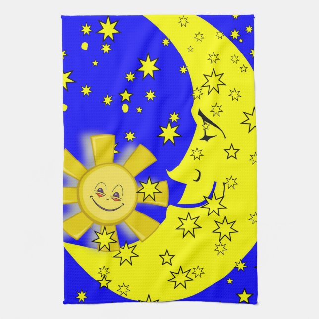Sun Moon Yellow Stars Blue Kitchen Hand Towel (Vertical)