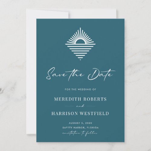 Sun Ocean Logo Chic Modern Calligraphy Teal Blue Save The Date