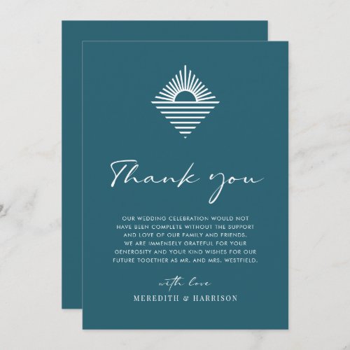 Sun Ocean Modern Calligraphy Teal Blue Wedding Thank You Card