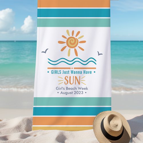Sun Ocean Waves Girls Week Personalized Beach Towel