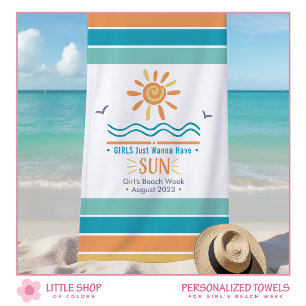 Sun Ocean Waves Girls Week Personalized Beach Towel