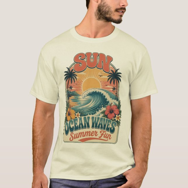 Sun Ocean Waves Summer Fun Beach Design T-Shirt (Front)