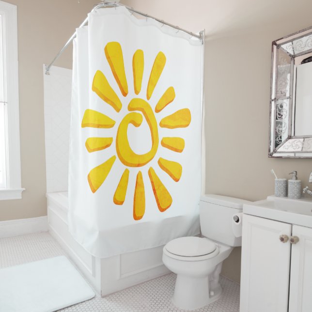 Sun orange yellow drawing texturized tribal cerami shower curtain (In Situ)