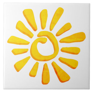 Sun orange yellow drawing texturized tribal ceramic tile