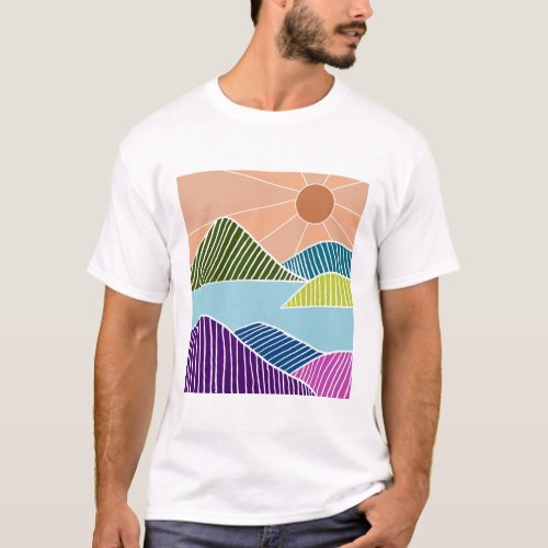 Sun over a river and mountains landscape T_Shirt