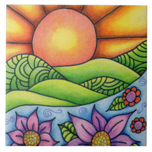 Sun Over Hills Stream and Flowers Ceramic Tile