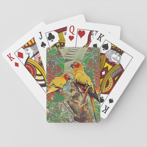Sun Parakeets Playing Cards