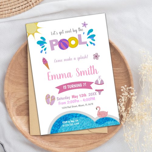 Sun Pink Purple Pool Birthday Invitations