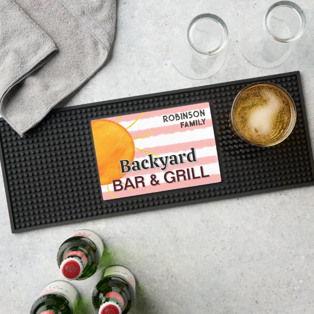 Sun Pink White Stripes Backyard Bar Grill Name  Bar Mat (Insitu (Bar 1))