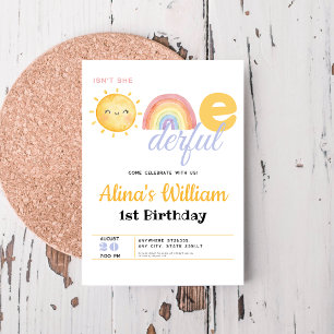 Sun rainbow Isn't she Onederful 1st Birthday Invitation