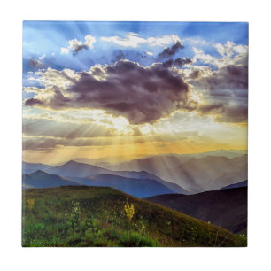 Sun Rays Mountain Range Green Hills Ceramic Tile