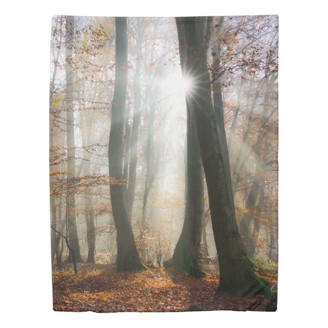 Sun Rays Mystic Misty Scenic Forest, Bedding Duvet Cover (Front)