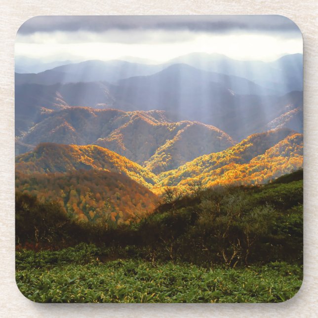 Sun Rays Over Shirakami-Sanchi Mountains Beverage Coaster (Front)
