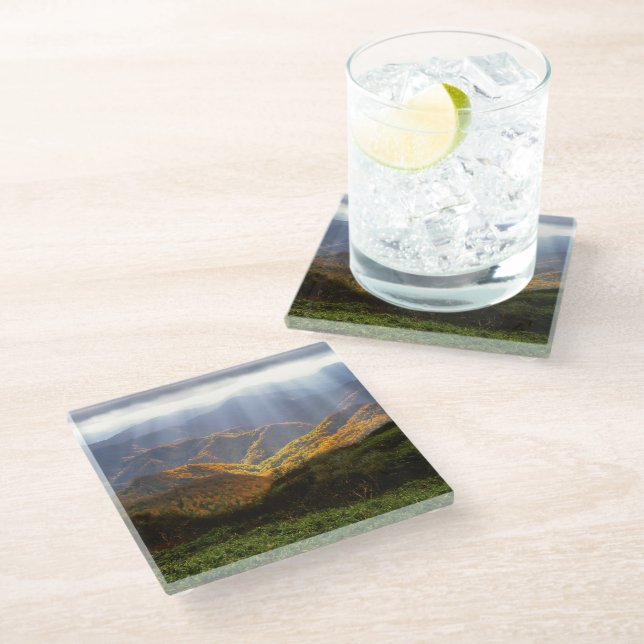 Sun Rays Over Shirakami-Sanchi Mountains Glass Coaster (Angled)