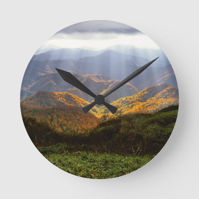Sun Rays Over Shirakami-Sanchi Mountains Round Clock (Front)