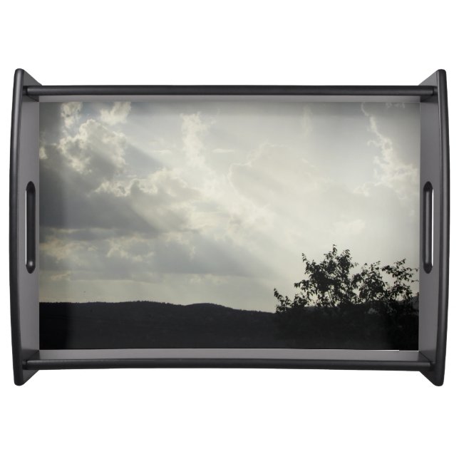 Sun Rays Thick Clouds Photo Black White Landscape Serving Tray (Front)