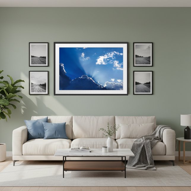 Sun Rays Wall Art Blue Sky Minimalist Clouds (Elevate your space with serene views. Shop our wall art collection today!)