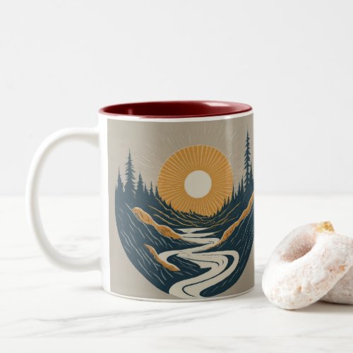 Sun rises between river Two_Tone coffee mug