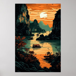 Sun Rising Over River Poster Art Print Wall Art
