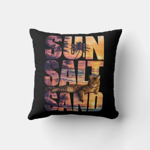 Sun Salt Sand Beach Cat Sunset Black Throw Pillow