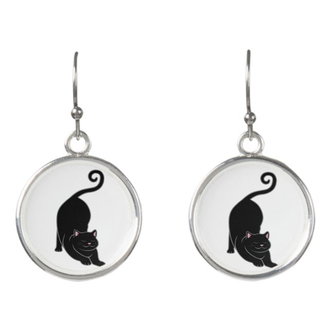 Sun Salutation Downward Black Kitty Cat Yoga Earrings (Front)