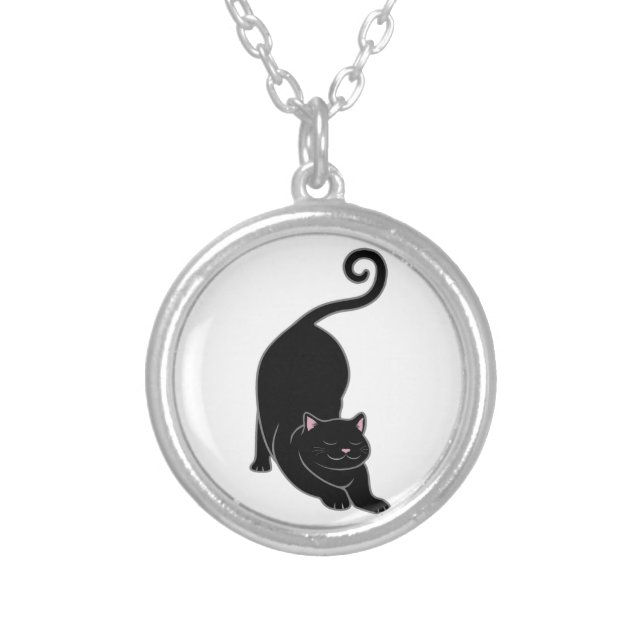 Sun Salutation Downward Black Kitty Cat Yoga Silver Plated Necklace (Front)