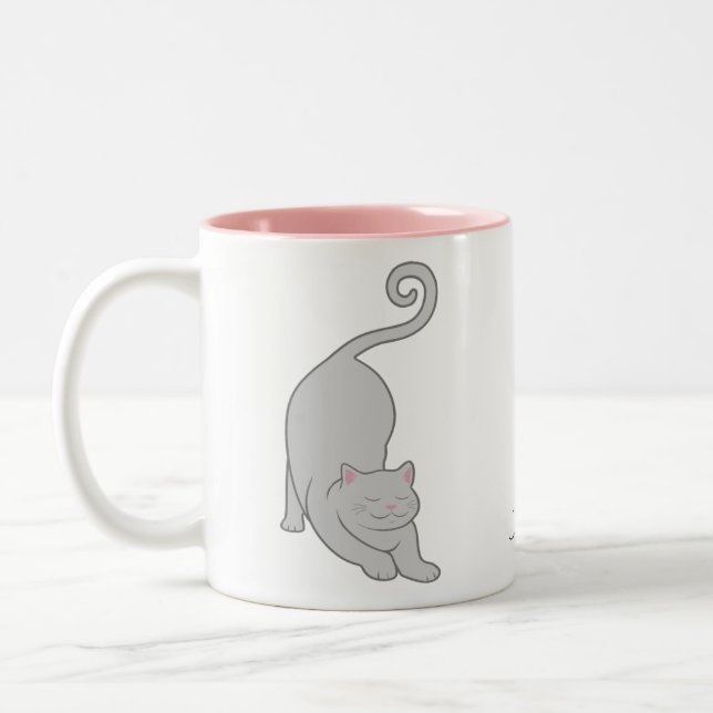 Sun salutation downward gray kitty cat yoga Two-Tone coffee mug (Left)