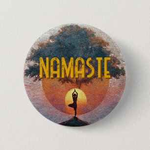 Sun Salutation Yoga Namaste Tree of Life Button