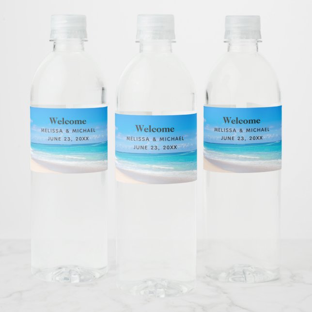 Sun Sand and Surf Tropical Beach Wedding Water Bottle Label (Bottles)