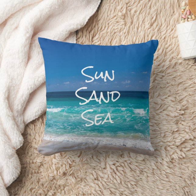 Sun Sand Sea Tropical Beach Turquoise Water Throw Pillow (Blanket)