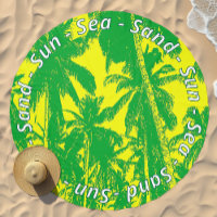 Sun Sea and Sand Wording with Tropical Palm Trees Beach Towel