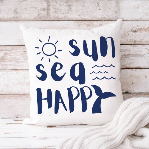 Sun Sea Happy Whale Waves Beach Typography Throw Pillow