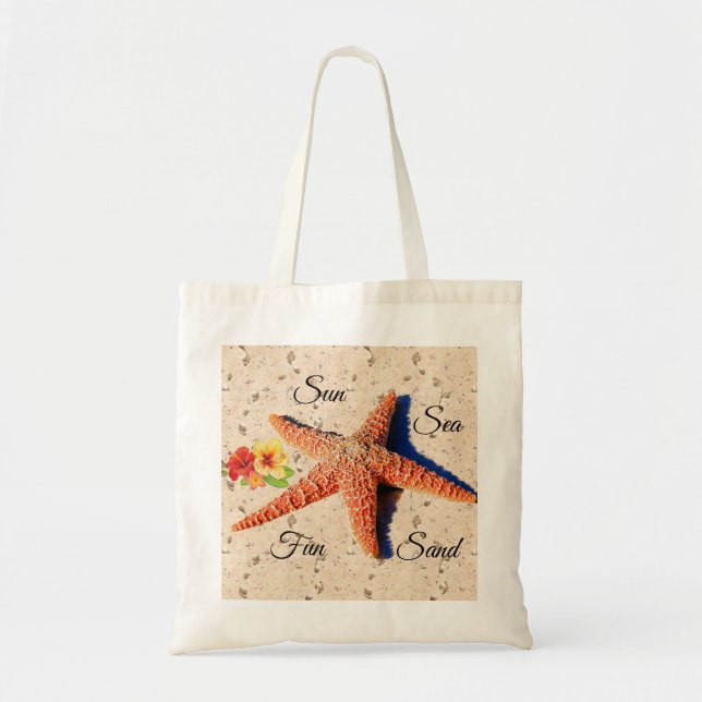 Sun, sea, sand, & fun seashell tote bag (Front)