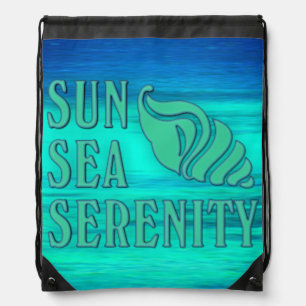 Sun Sea Serenity Tropical Seashell Beach Scene Drawstring Bag