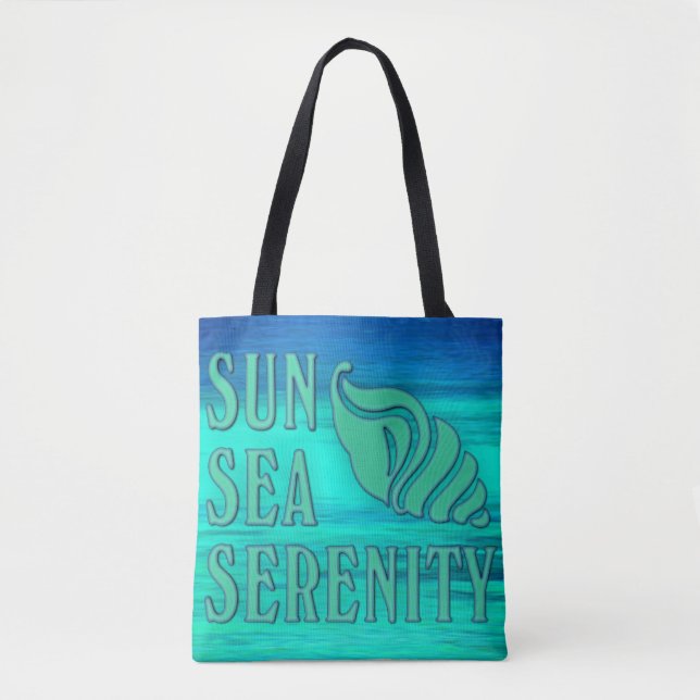 Sun Sea Serenity Tropical Seashell Beach Scene Tote Bag (Front)