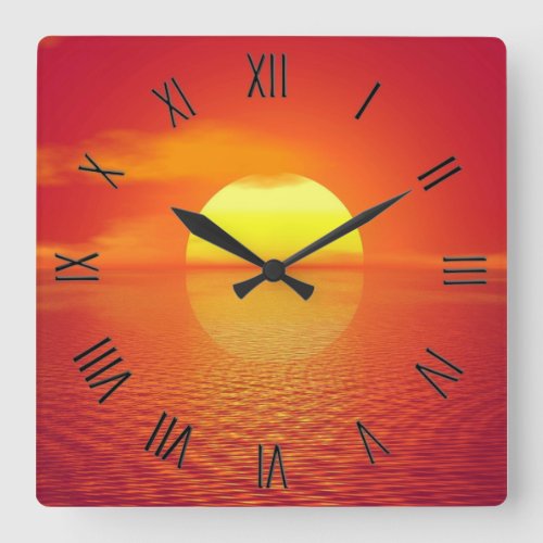  Sun Sets Orange Calm Ocean Sunset  Black Numerals Square Wall Clock