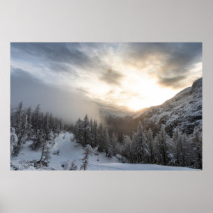 Sun shining at stunning winter scenery poster