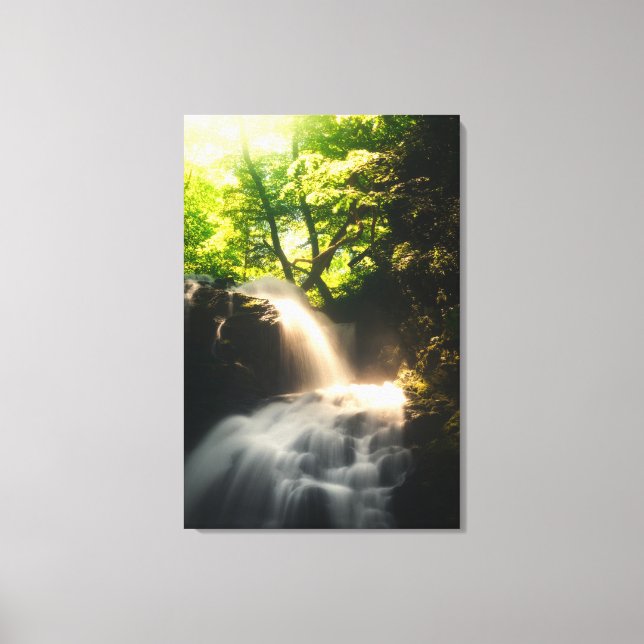Sun shining on a magical waterfall canvas print (Front)