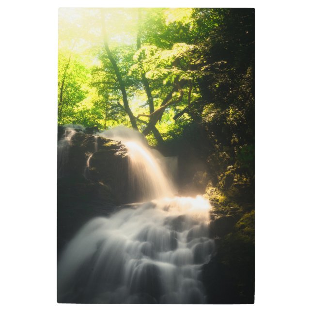 Sun shining on a magical waterfall metal print (Front)