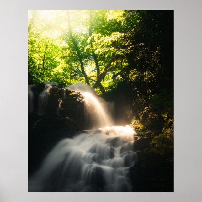 Sun shining on a magical waterfall poster (Front)