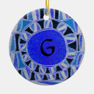 SUN SOLAR ENERGY MONOGRAM Blue Black White Ceramic Ornament