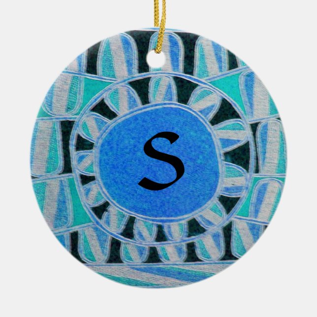 SUN SOLAR ENERGY MONOGRAM Teal Aqua Blue Black Ceramic Ornament (Front)