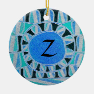 SUN SOLAR ENERGY MONOGRAM Teal Blue Black White Ceramic Ornament