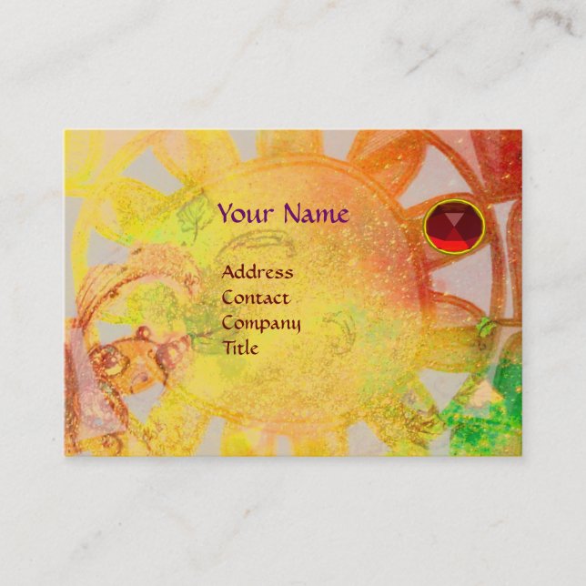 SUN SOLAR ENERGY RED RUBY MONOGRAM Yellow Blue Business Card (Front)