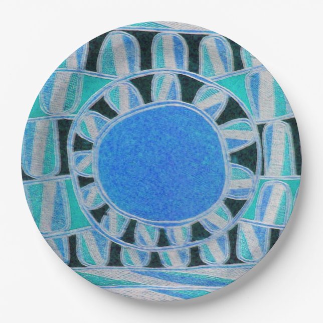 SUN SOLAR ENERGY Teal Blue White Black Paper Plates (Front)