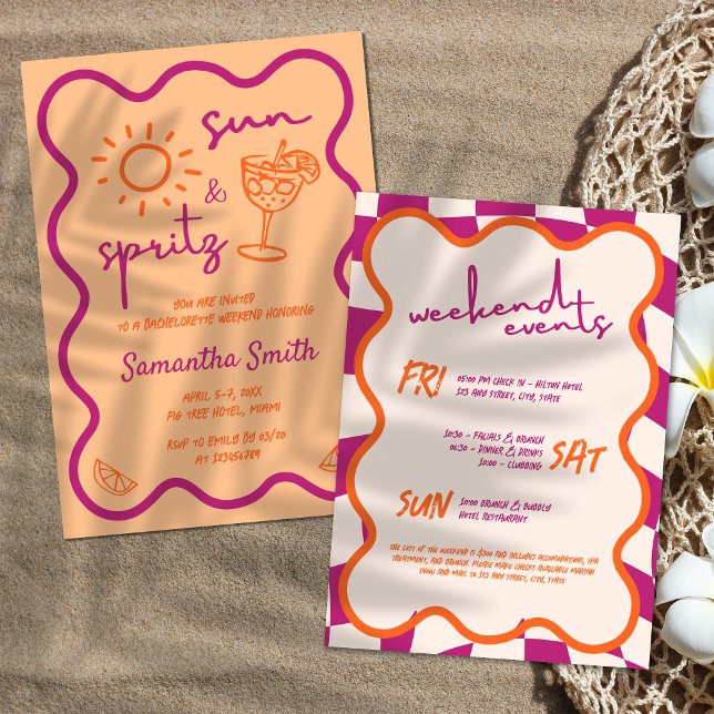 Sun & Spritz Bachelorette Weekend Hand Drawn Invitation (Sun & Spritz Bachelorette Weeknd Scribble Hand Drawn Funky Summer Orange and Pink Invitation)