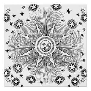 Sun Stars Antique Night Sky Medieval Zodiac Poster