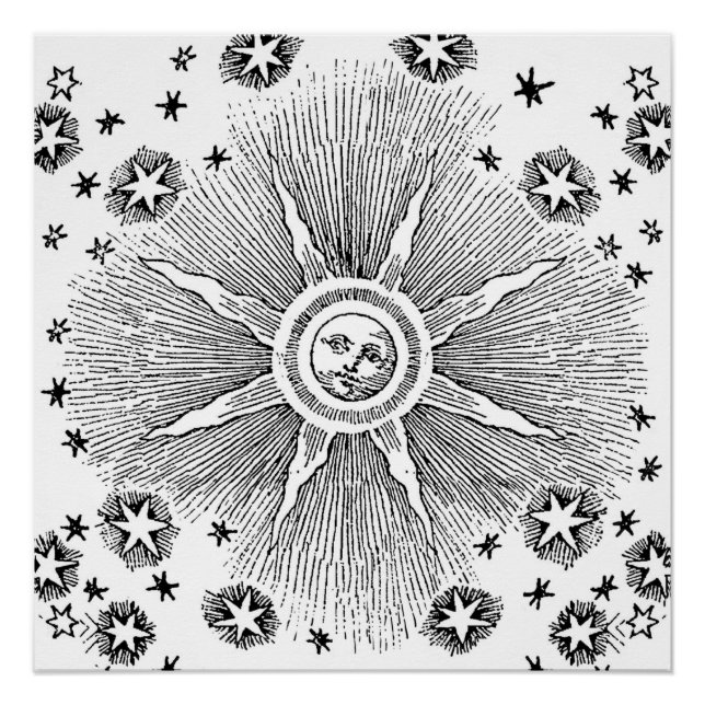 Sun Stars Antique Night Sky Medieval Zodiac Poster (Front)