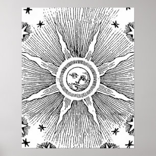 Sun Stars Antique Night Sky Medieval Zodiac Poster