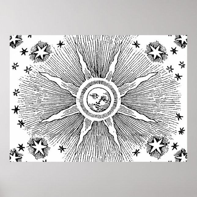Sun Stars Antique Night Sky Medieval Zodiac Poster (Front)